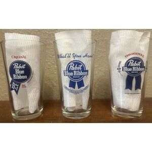 Pabst Blue Ribbon Beer Pint Glass Lot of 3 PBR Logo Glasses